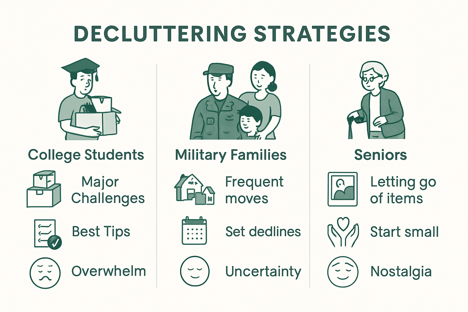 Visual guide comparing decluttering strategies by life stage