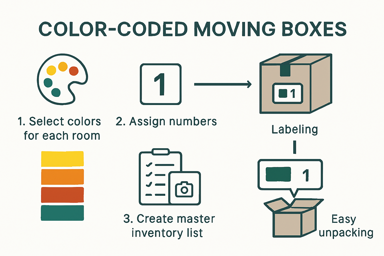 Infographic showing color-coding and numbering system for moving boxes