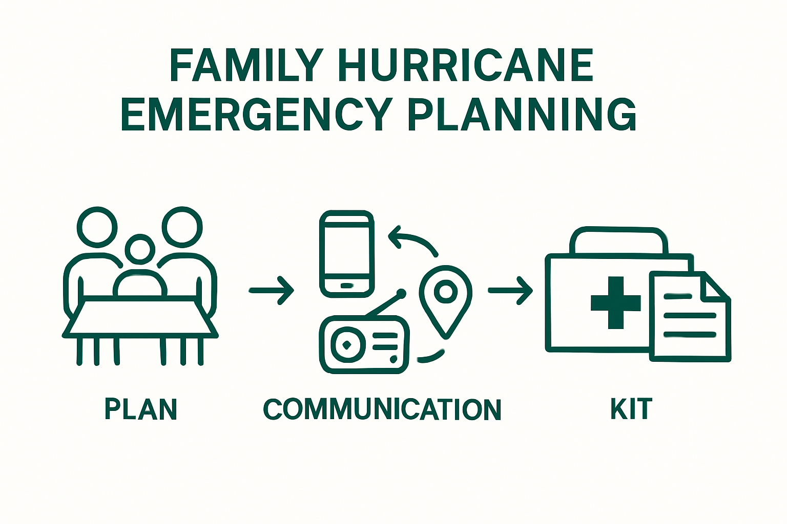 Family hurricane emergency plan workflow showing discussion, communications, emergency info