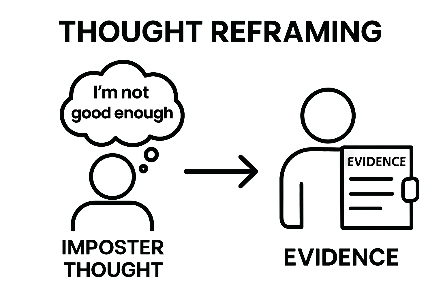 Infographic showing how to reframe imposter thoughts with evidence