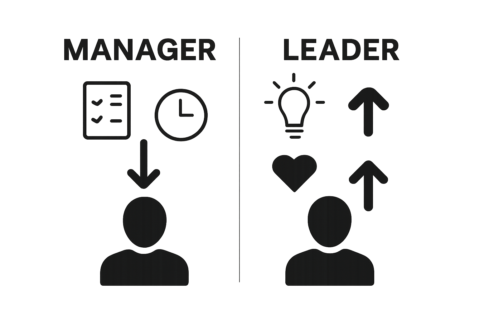 Comparison of manager versus leader qualities using icons