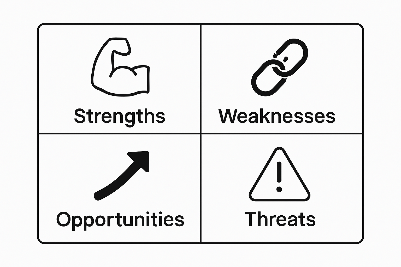 SWOT quadrant diagram with simple icons for each category