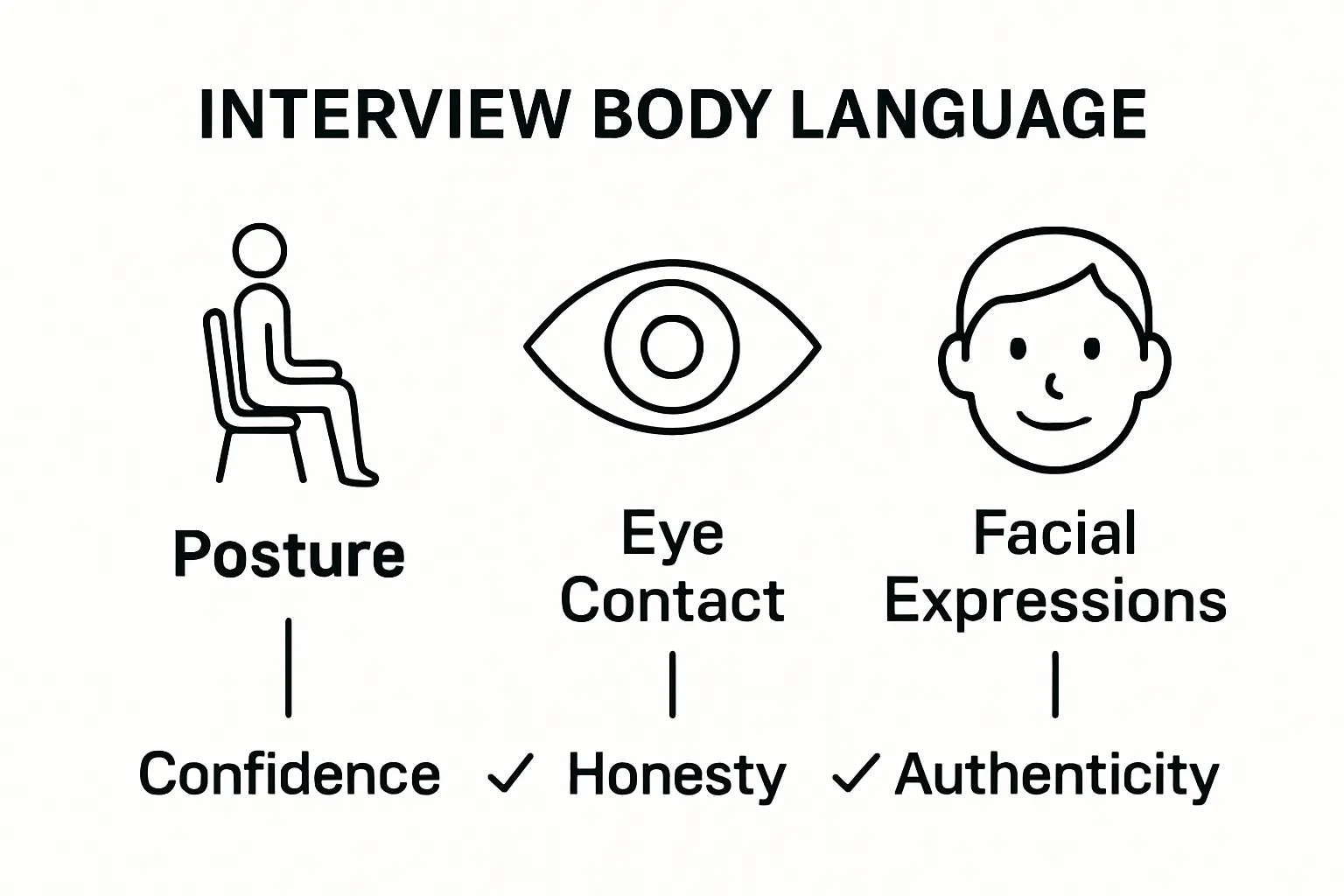 Infographic comparing posture, eye contact, and facial expressions in interviews