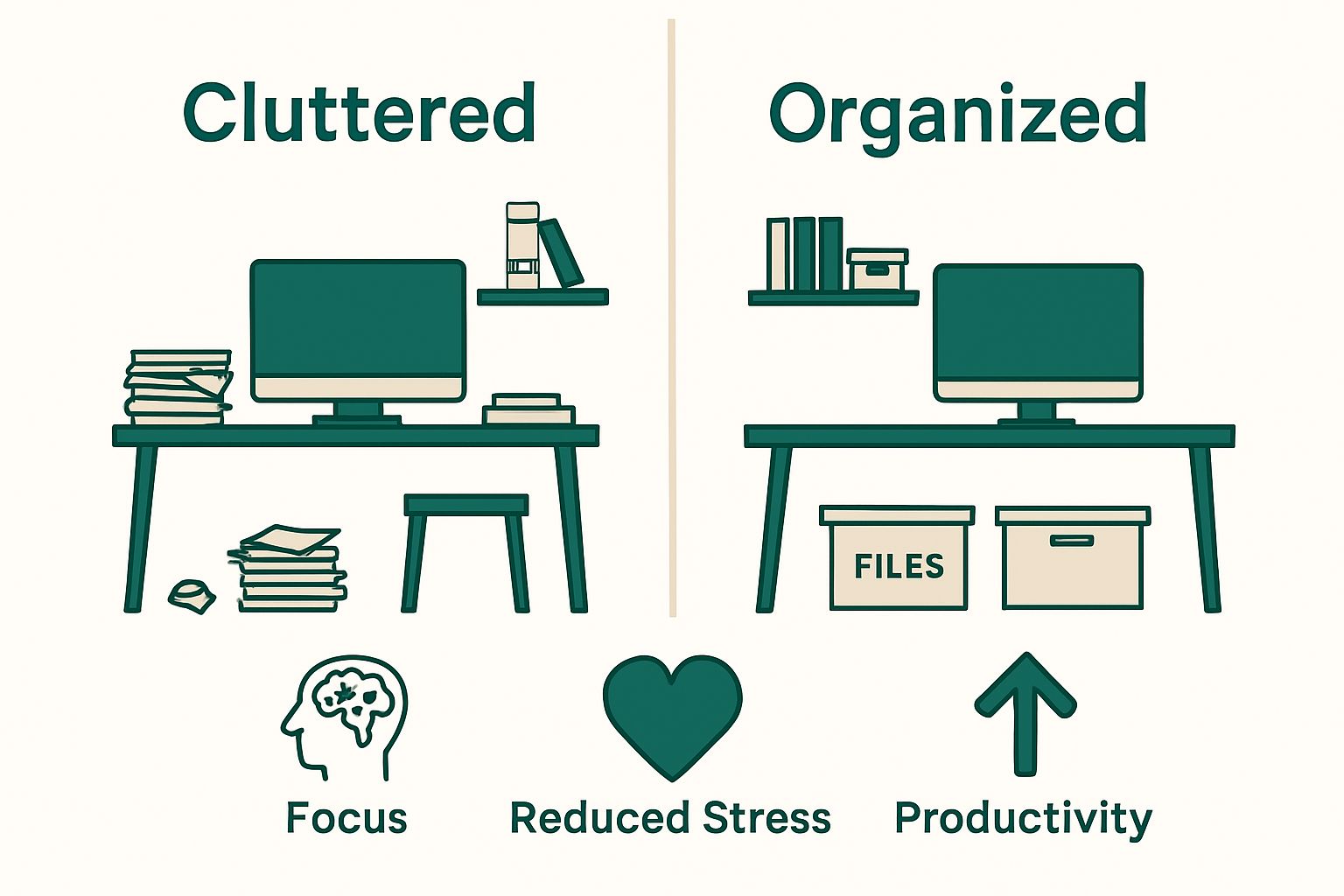 Cluttered versus organized home office visual with focus and productivity icons