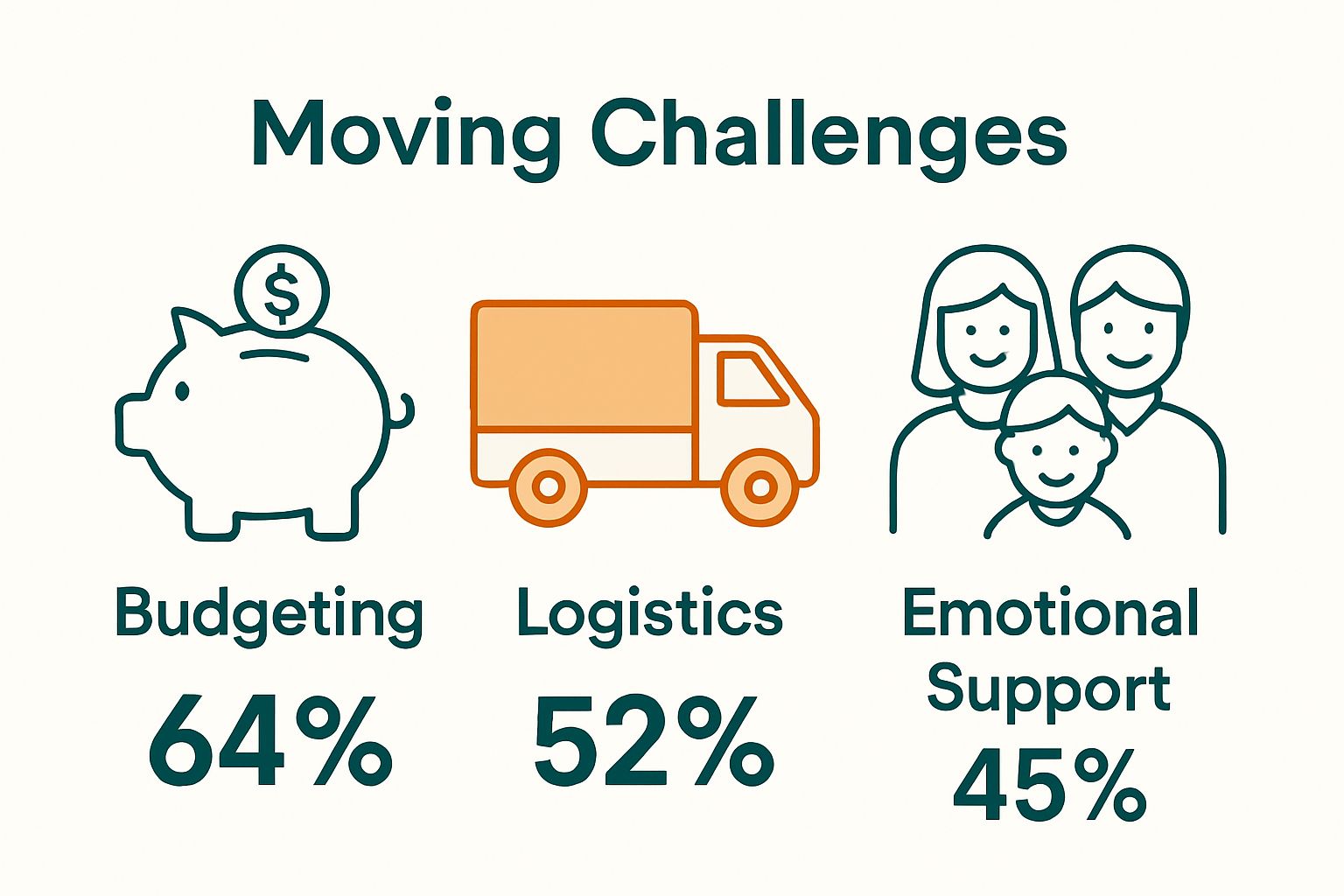 Infographic showing top three family moving challenges: budget, logistics, emotions