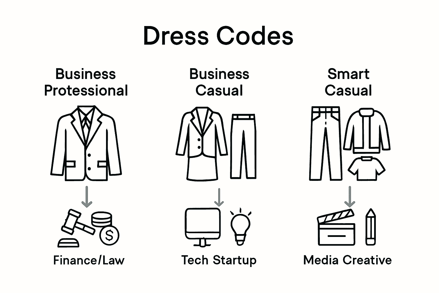Attire categories compared with icons for business professional, business casual, and smart casual.