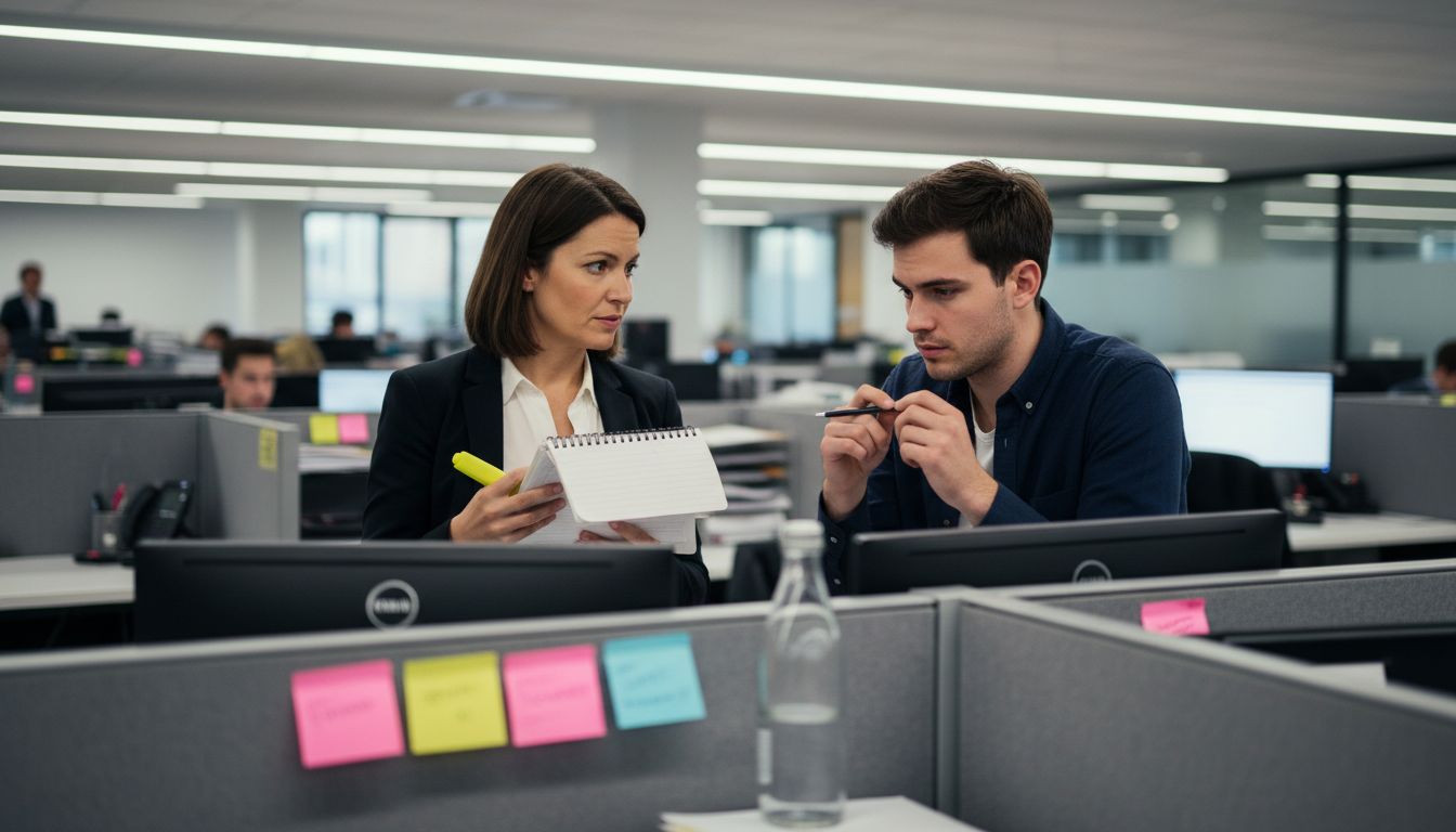 Manager and colleague discussing feedback at cubicle