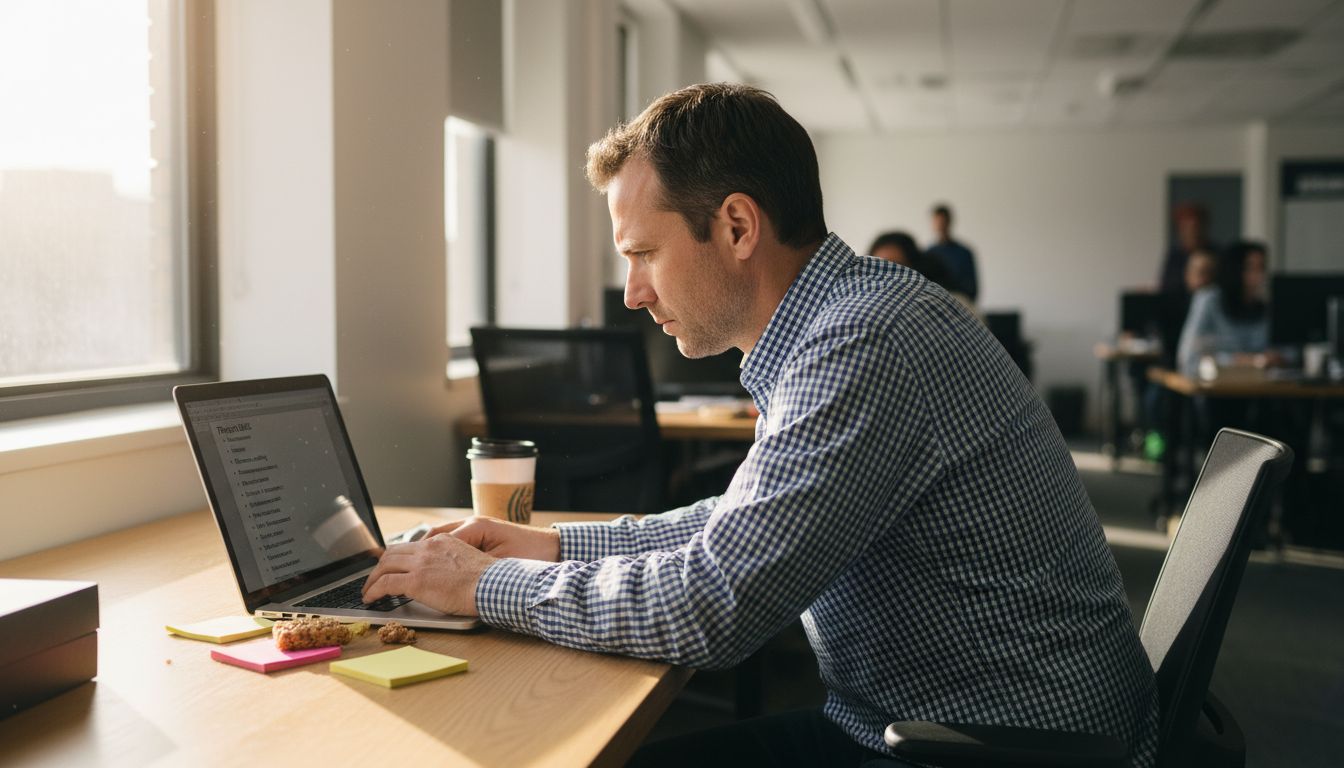 Worker typing list of skills at desk