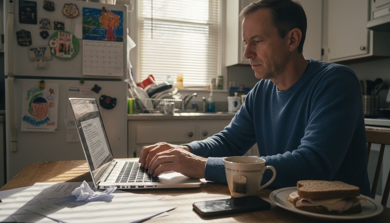 Man at kitchen table editing resume