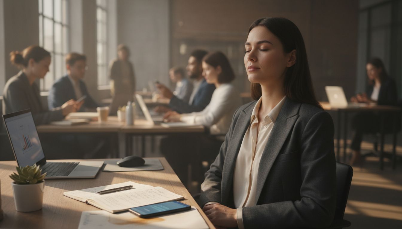 Woman practicing mindfulness in busy office