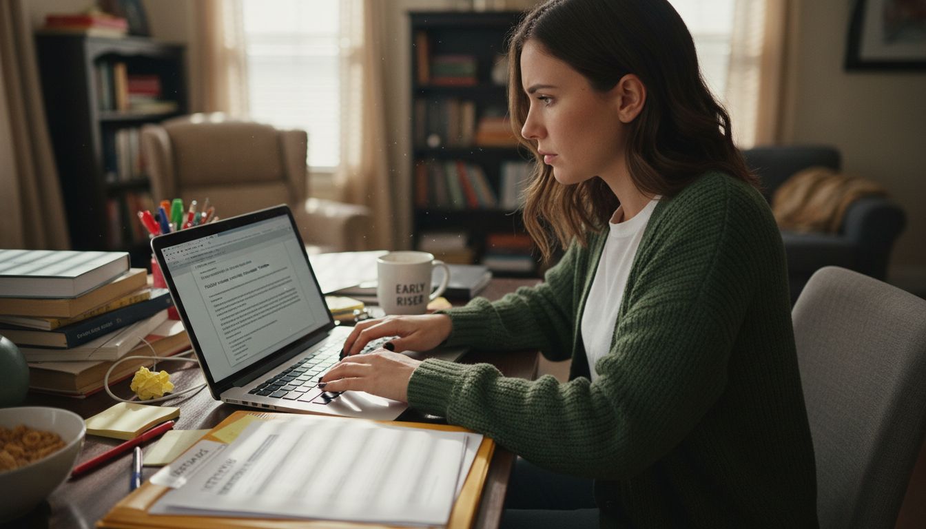 Woman types thank you email at desk