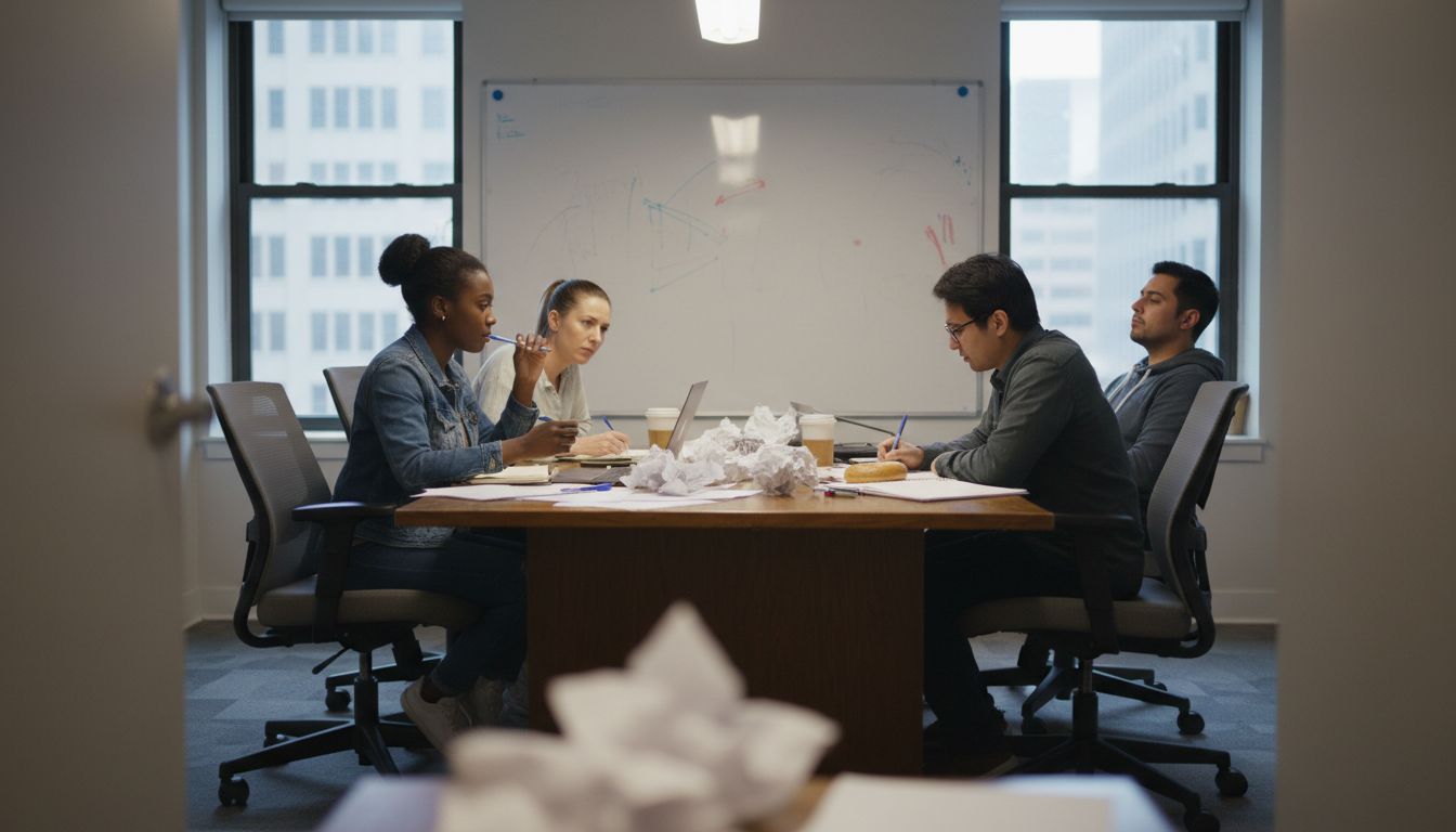 Team in meeting addressing workplace conflict