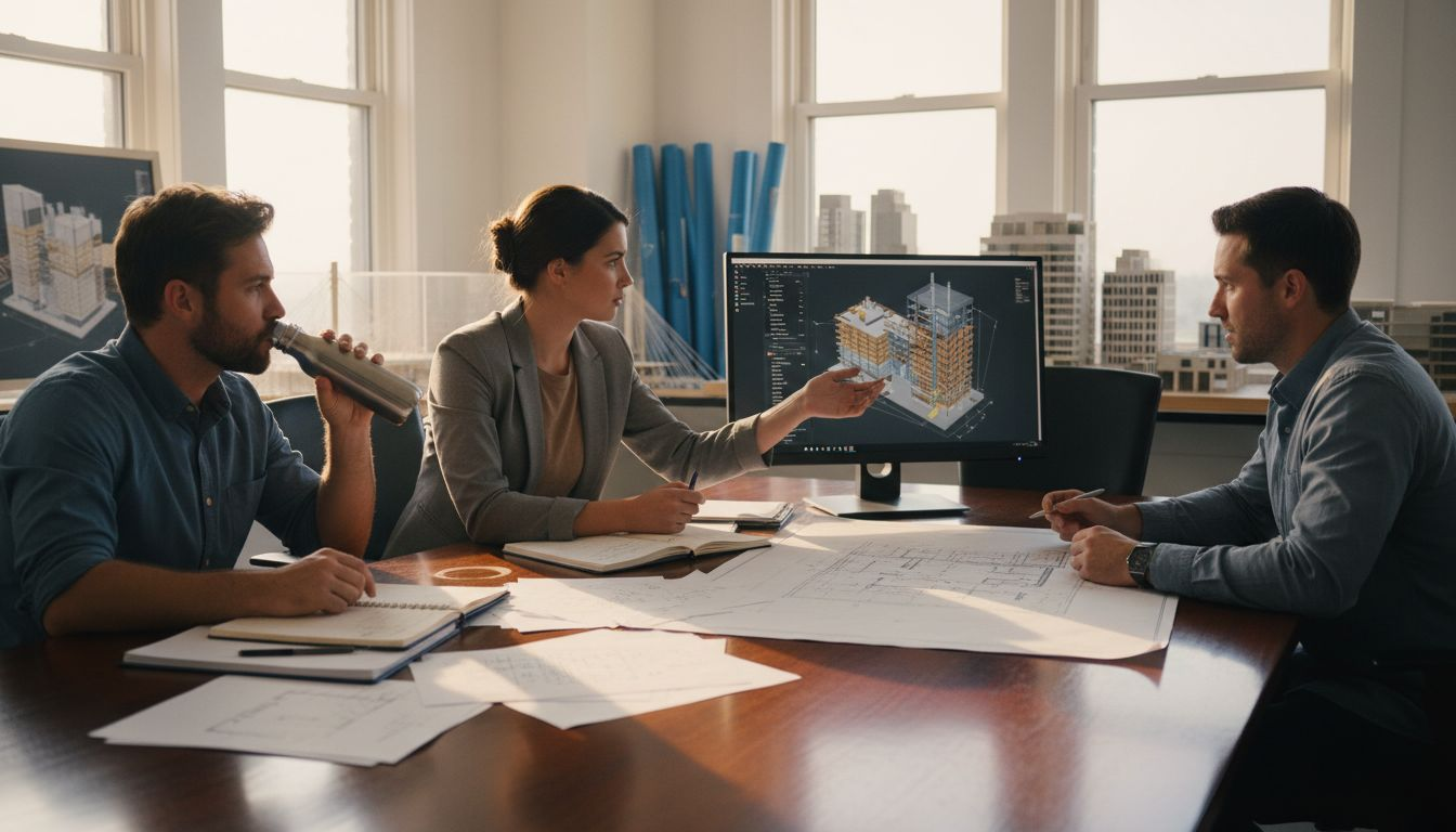 Engineers review 3D model in city office