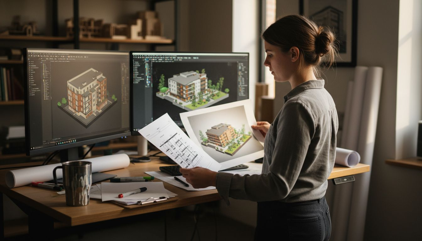 Architect compares 2D plan and 3D model