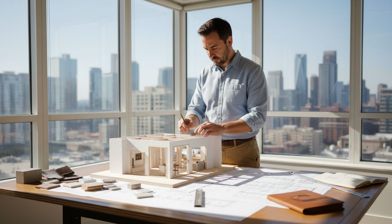 Architect assembles interior model with material samples