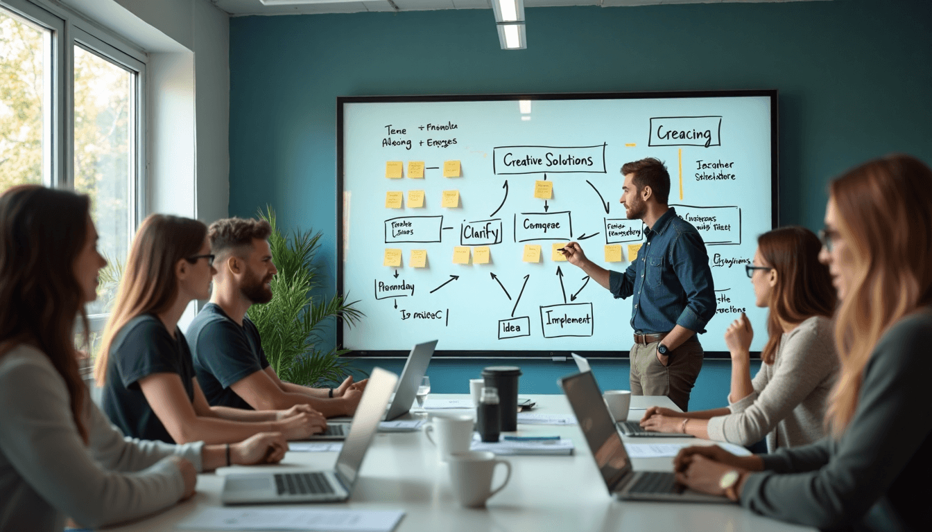 Young entrepreneurs brainstorming with 'Creative Solutions' on digital screen