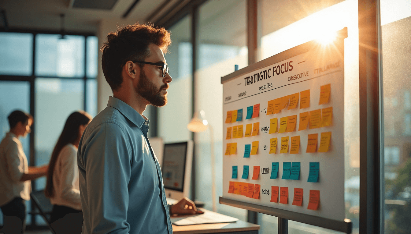 Entrepreneur reviews strategic goal board with focus in modern office