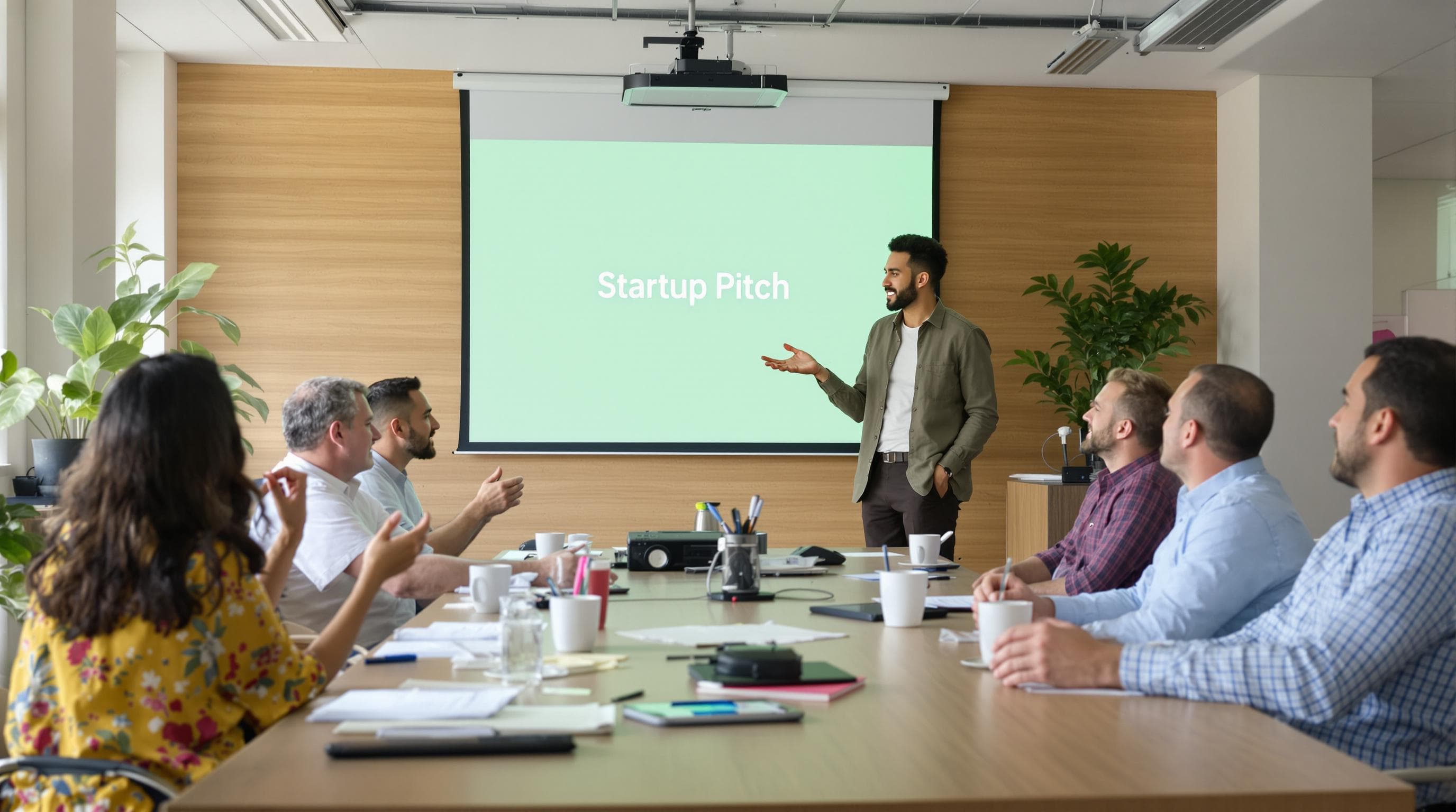 Founder pitching startup idea to investors in conference room