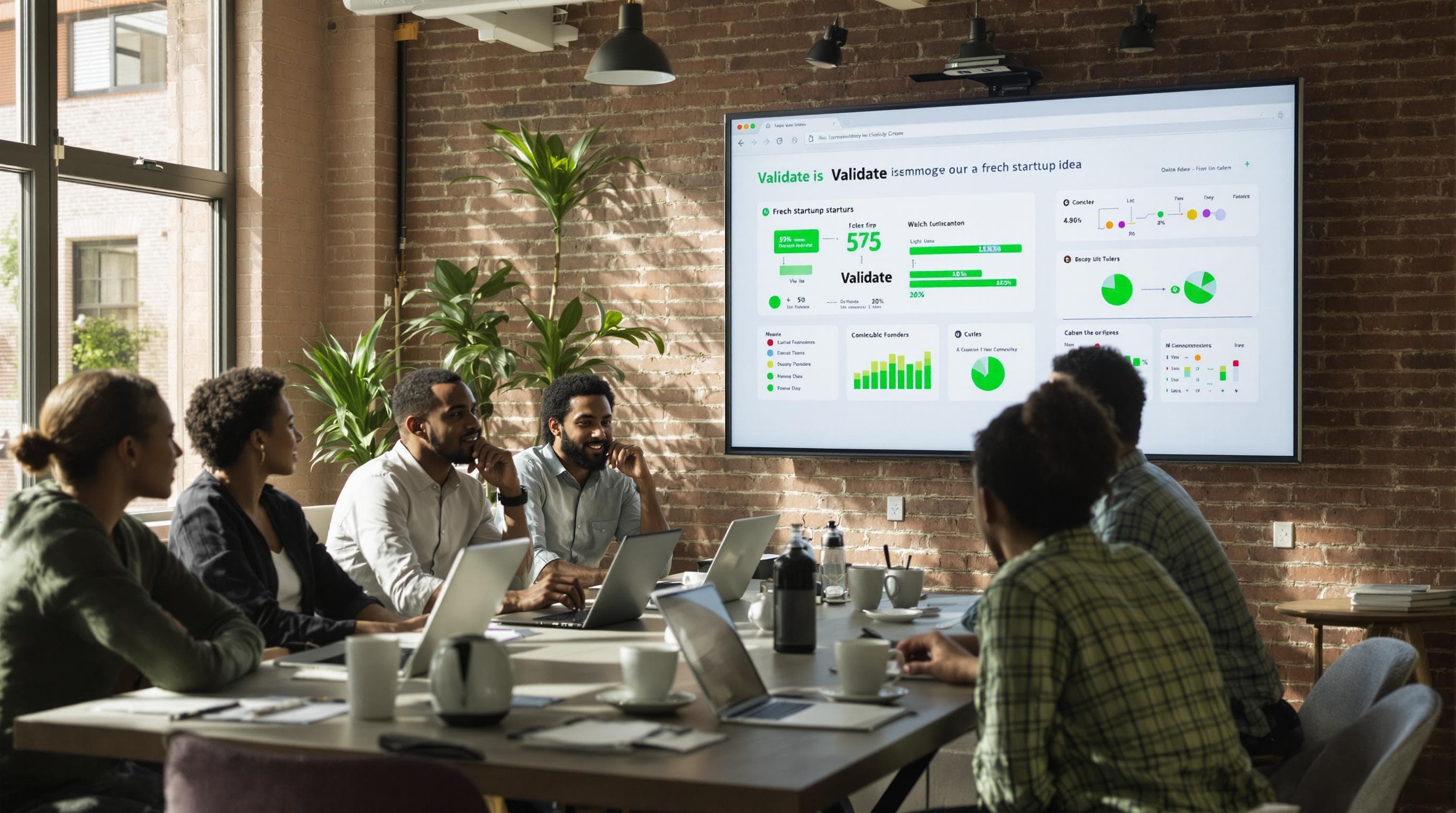 Startup founders discussing business idea with 'Validate' on office screen