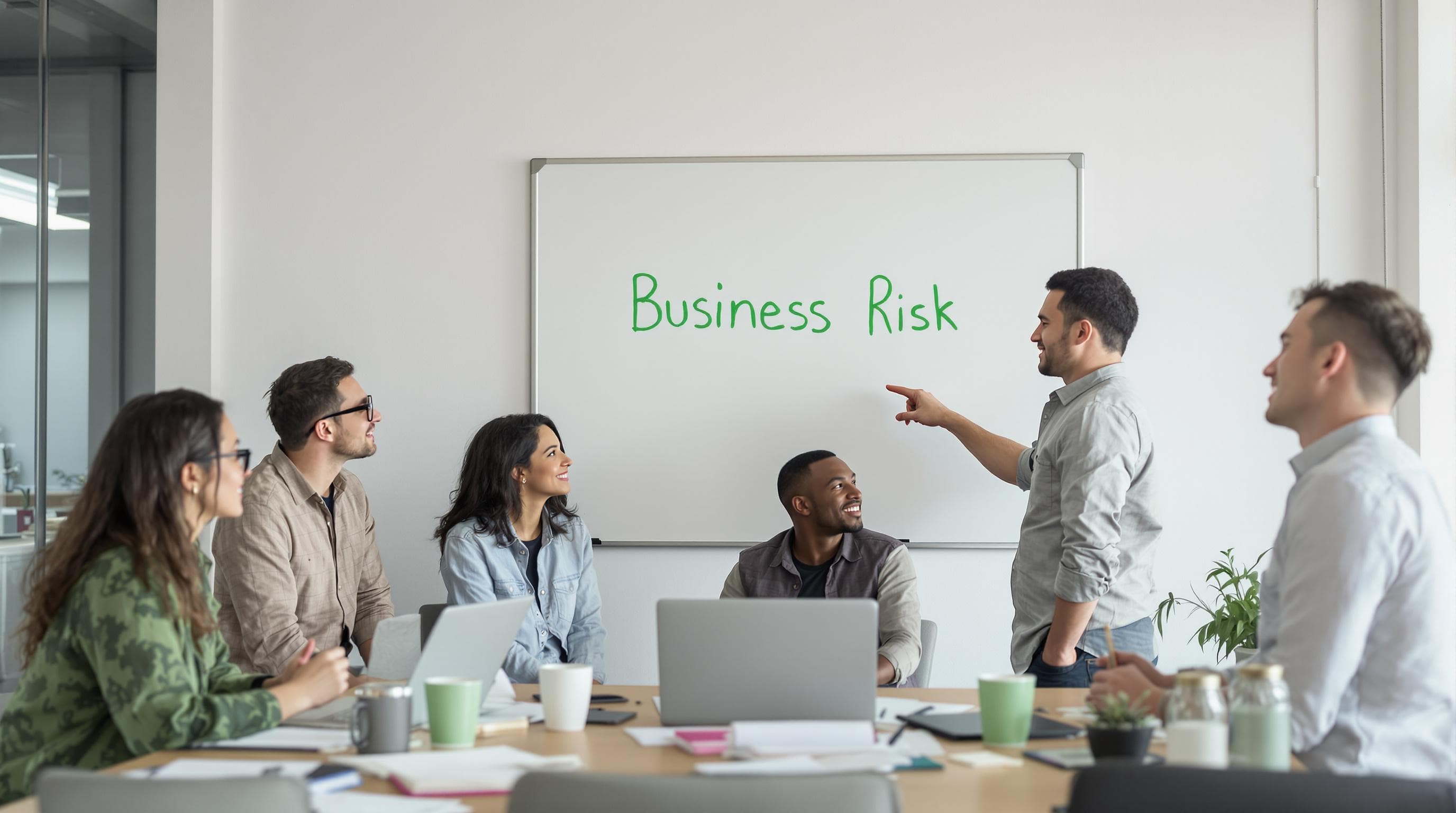 Entrepreneurs collaborating in an office, focusing on business risk strategy