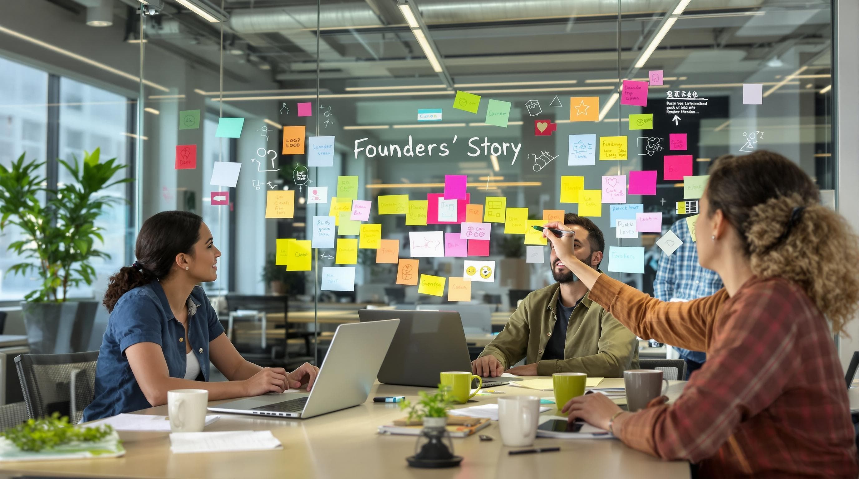 Entrepreneurs brainstorming branding in sunlit office with 'Founders’ Story' on glass panel