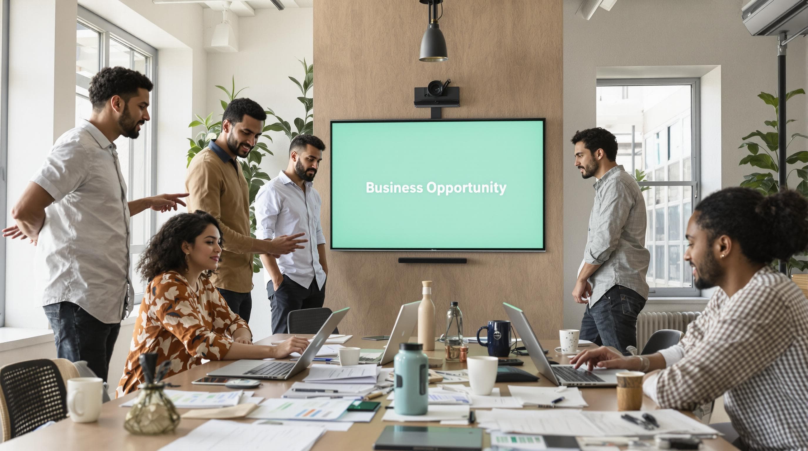 Startup founders discussing new business opportunity in modern office