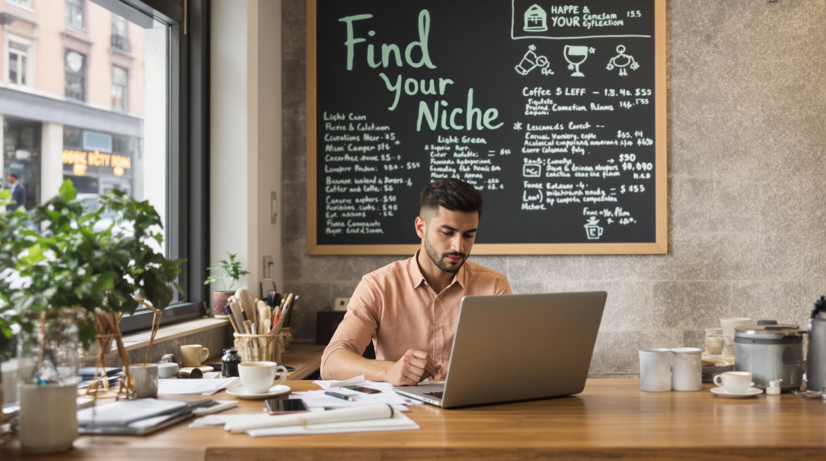 Focused entrepreneur at cafe with 'Find Your Niche' on chalkboard