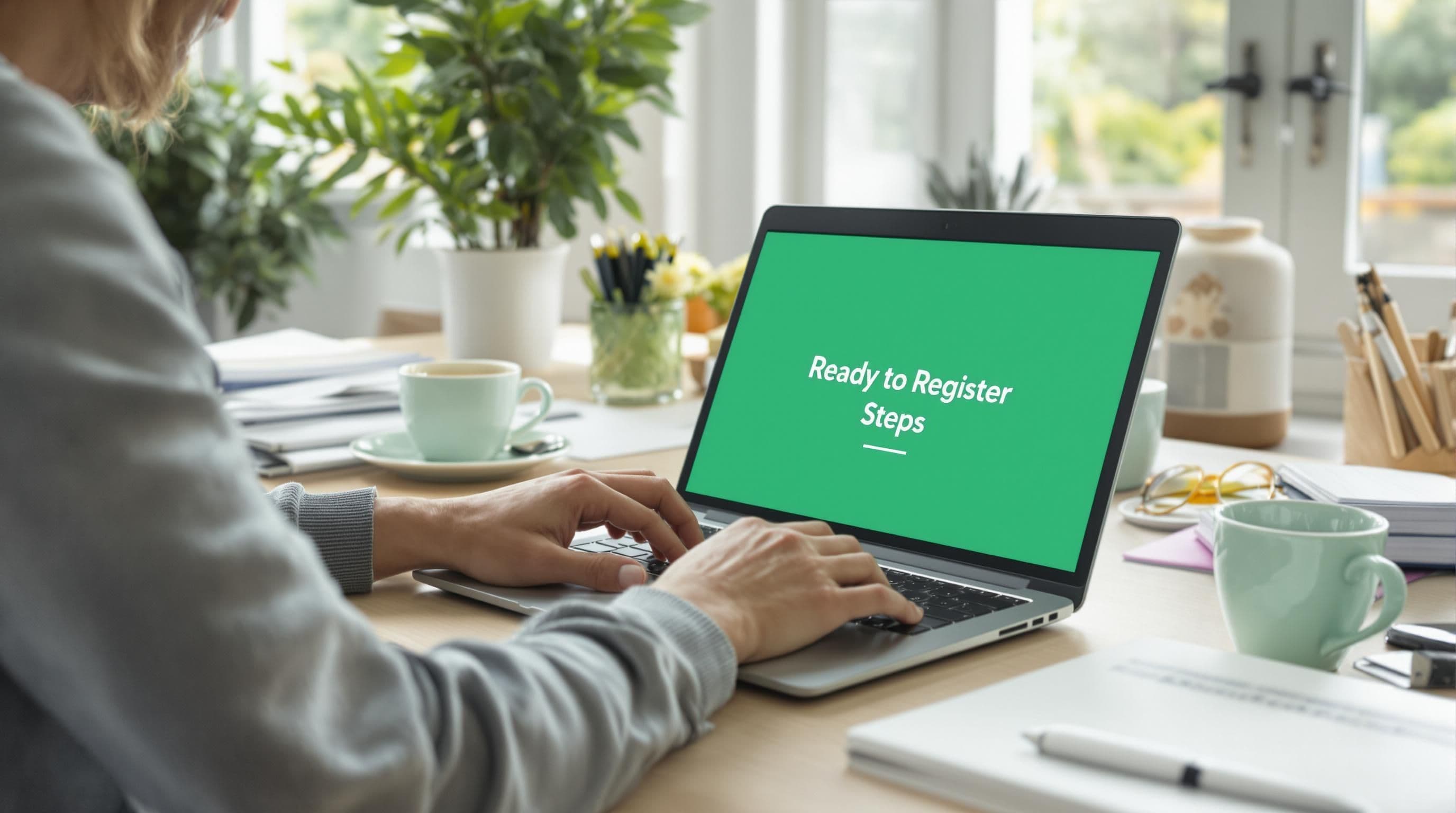 Person at home desk viewing 'Ready to Register' on laptop