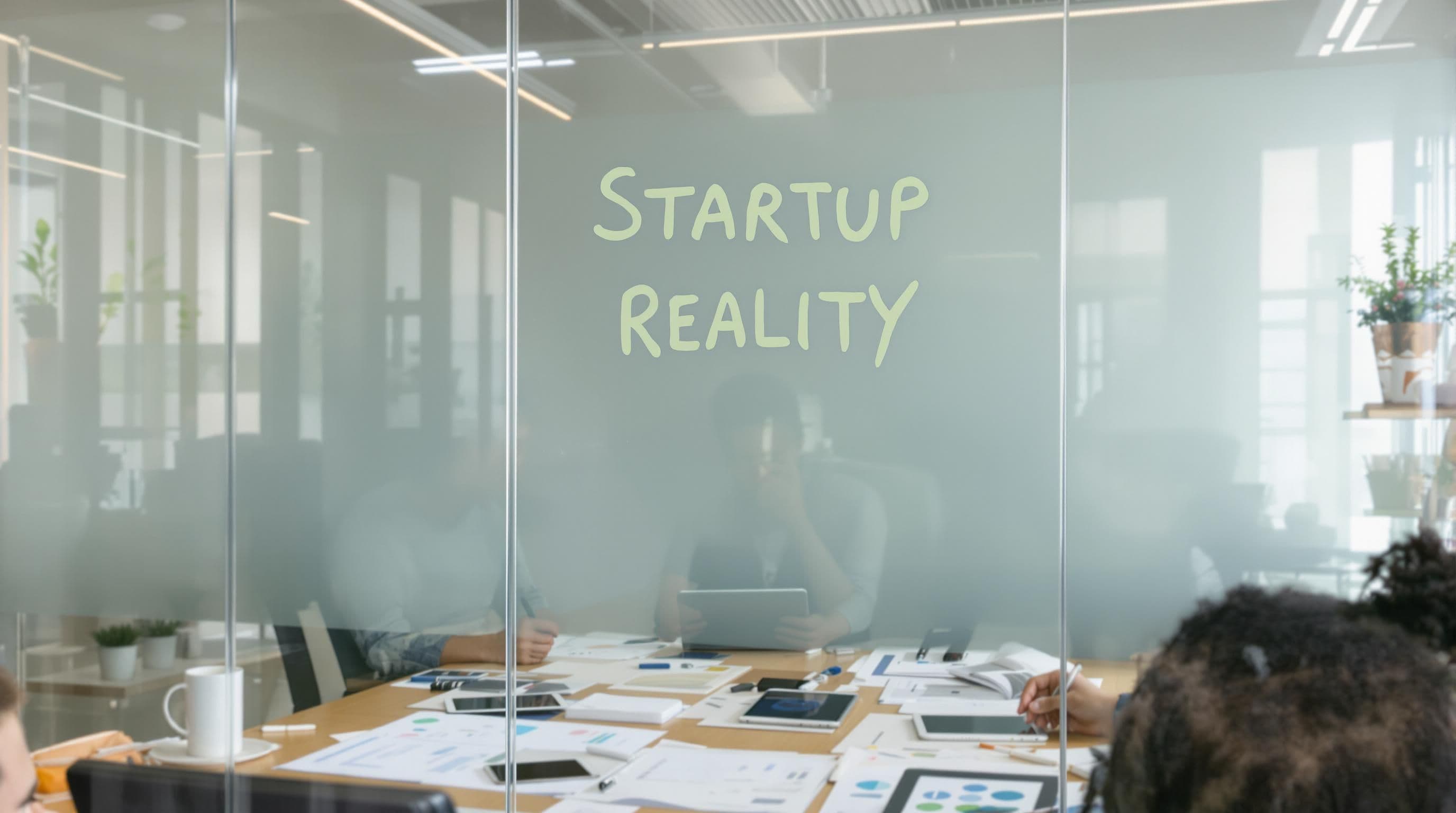 Diverse startup team meeting in modern office, 'Startup Reality' on glass wall