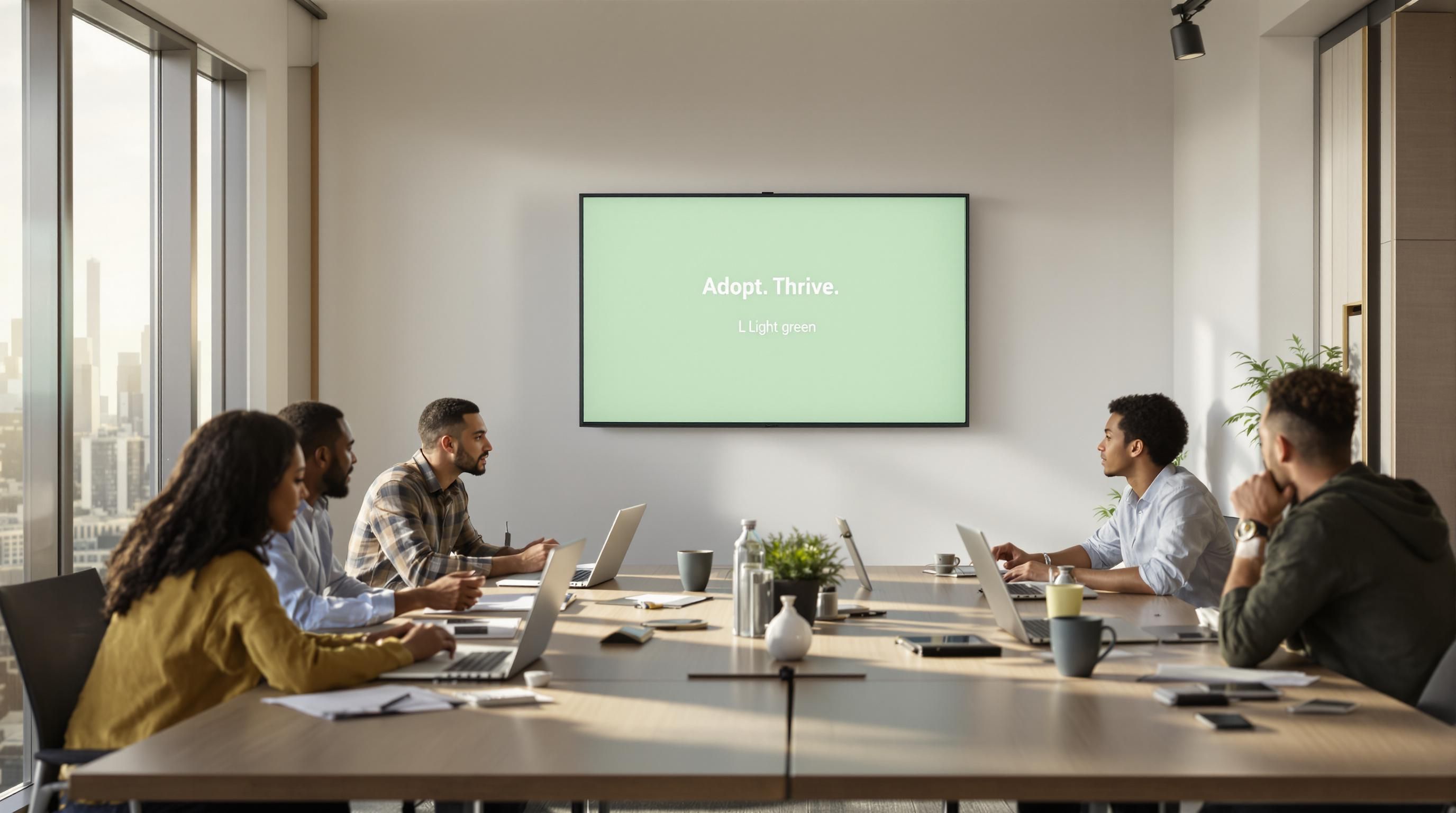 Diverse business team discusses resilience in modern office with 'Adapt. Thrive.' on display