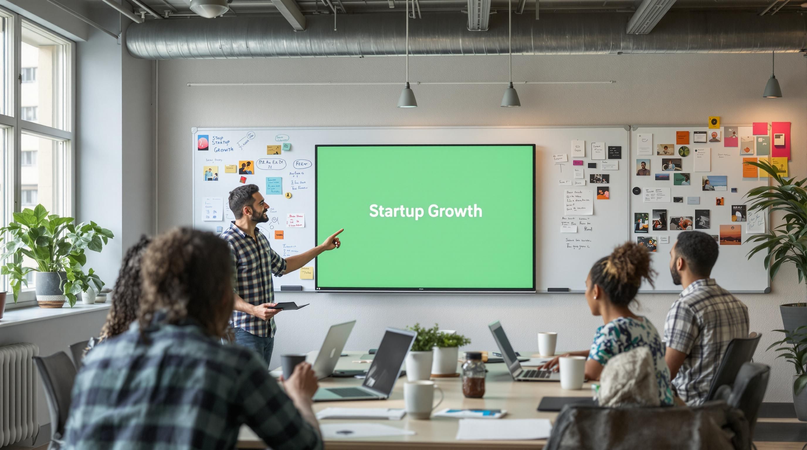 Startup team working together in a bright co-working space emphasizing growth