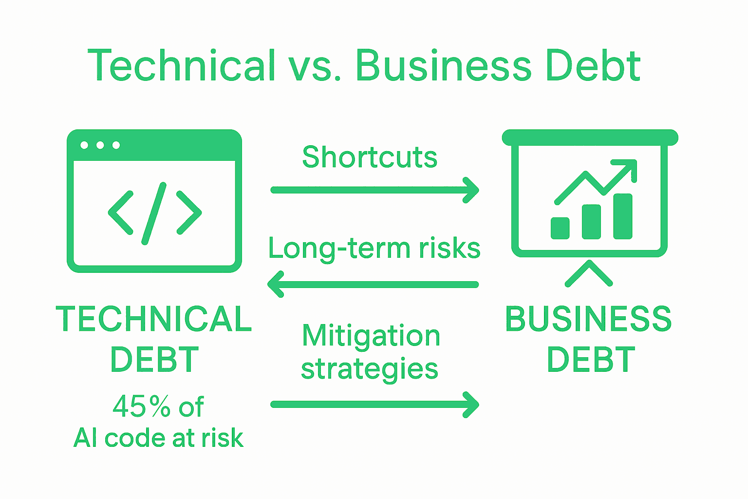 Infographic comparing technical and business debt in AI projects