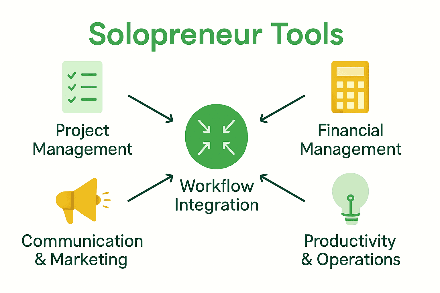 Infographic showing top solopreneur tool categories and workflow integration