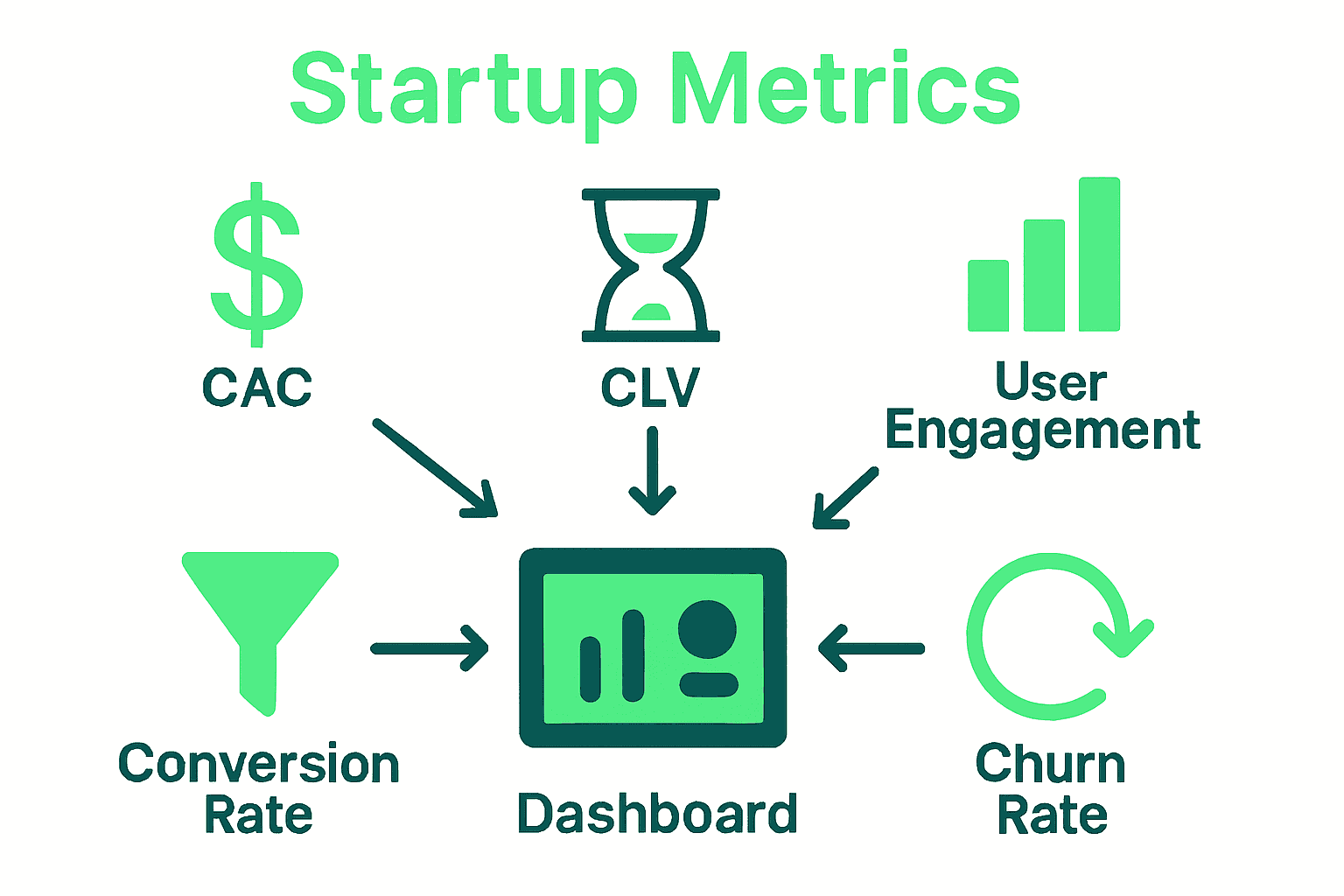 Infographic showing five startup validation metrics with icons and brief definitions