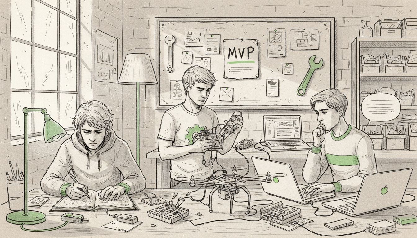 Startup team building prototype in garage