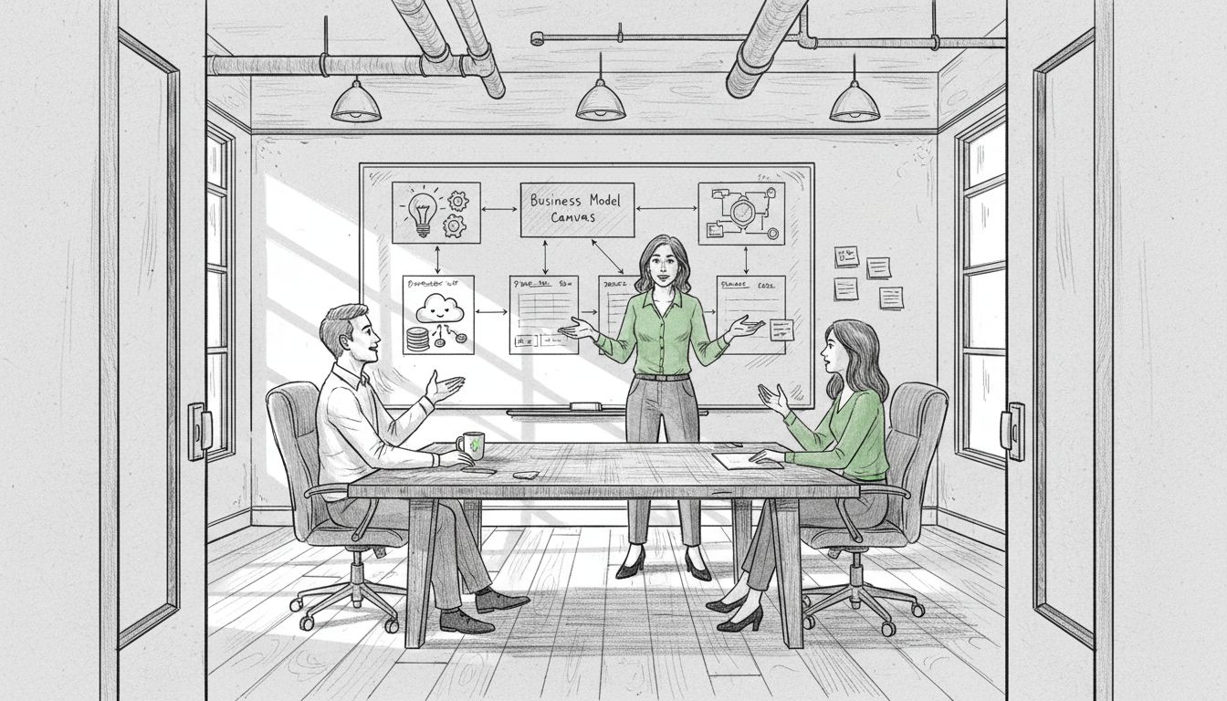 Team discusses business model canvas whiteboard