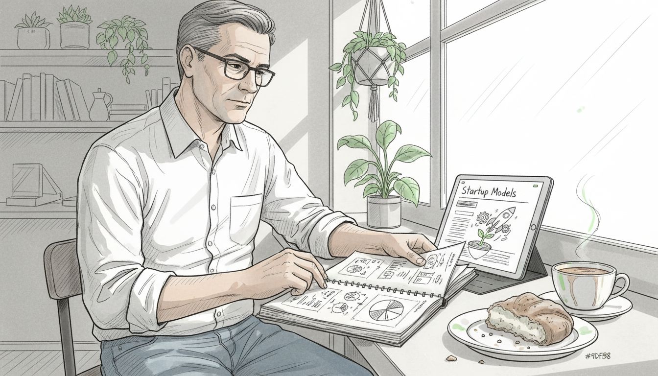 Man comparing business models in café