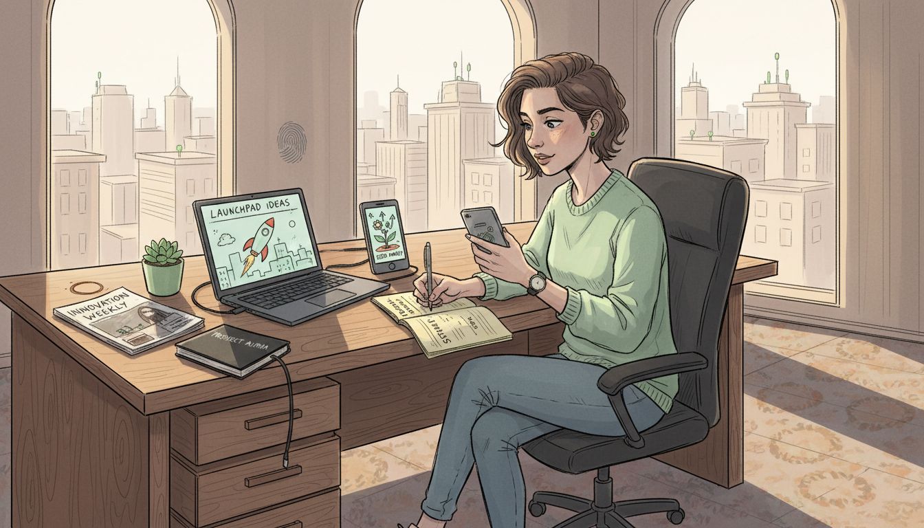 Entrepreneur working at desk in sunlit corner office