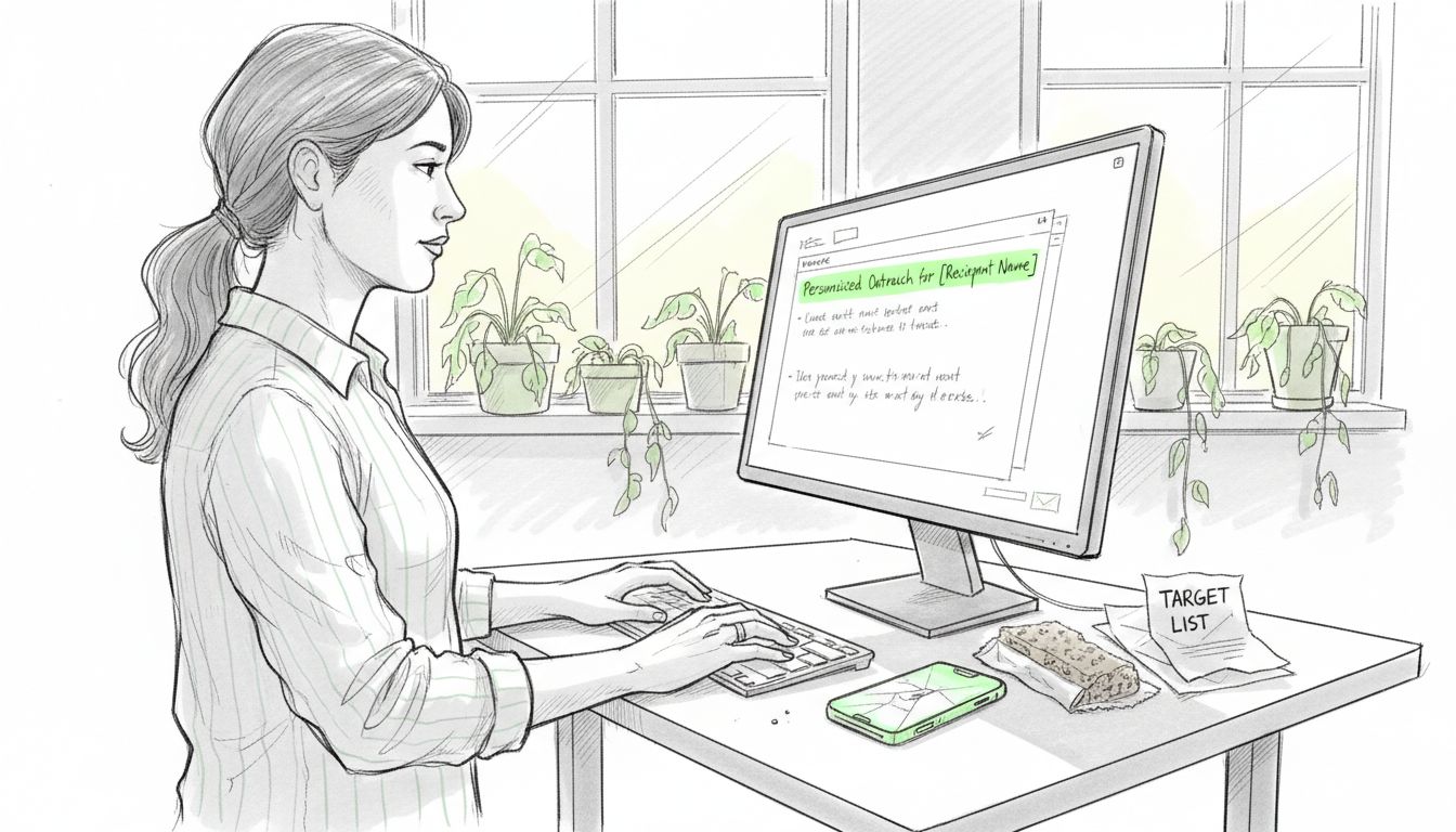 Woman drafts AI-powered outreach email at desk