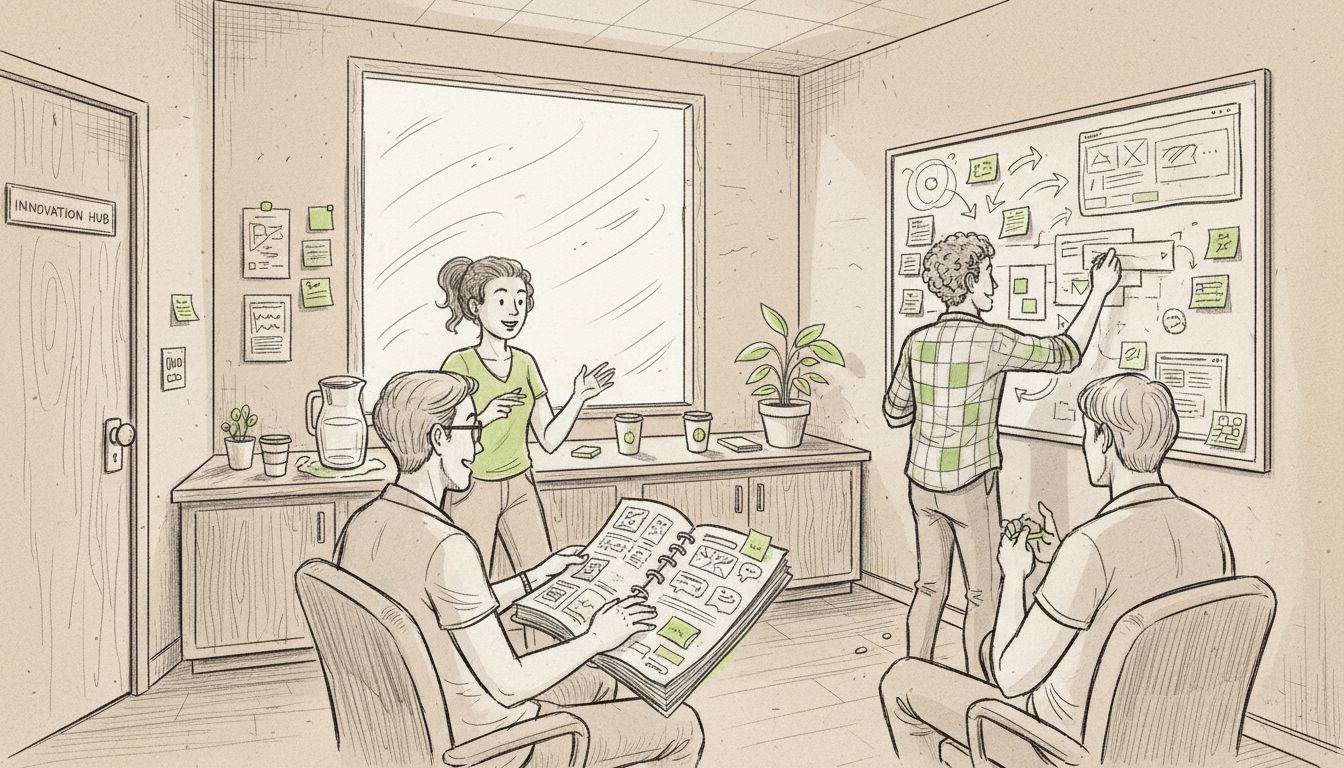 Team discussing feedback in small meeting room