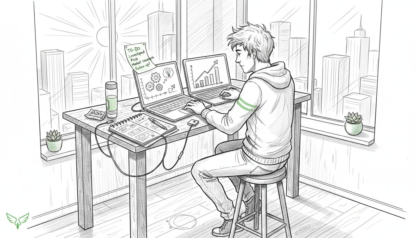 Entrepreneur multitasking with ai tools at desk