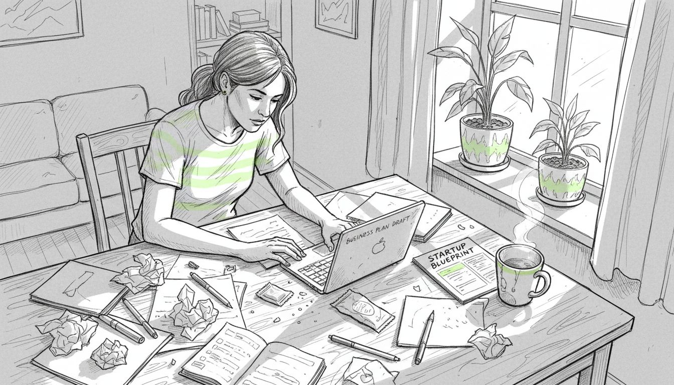 Founder drafting value proposition at kitchen table