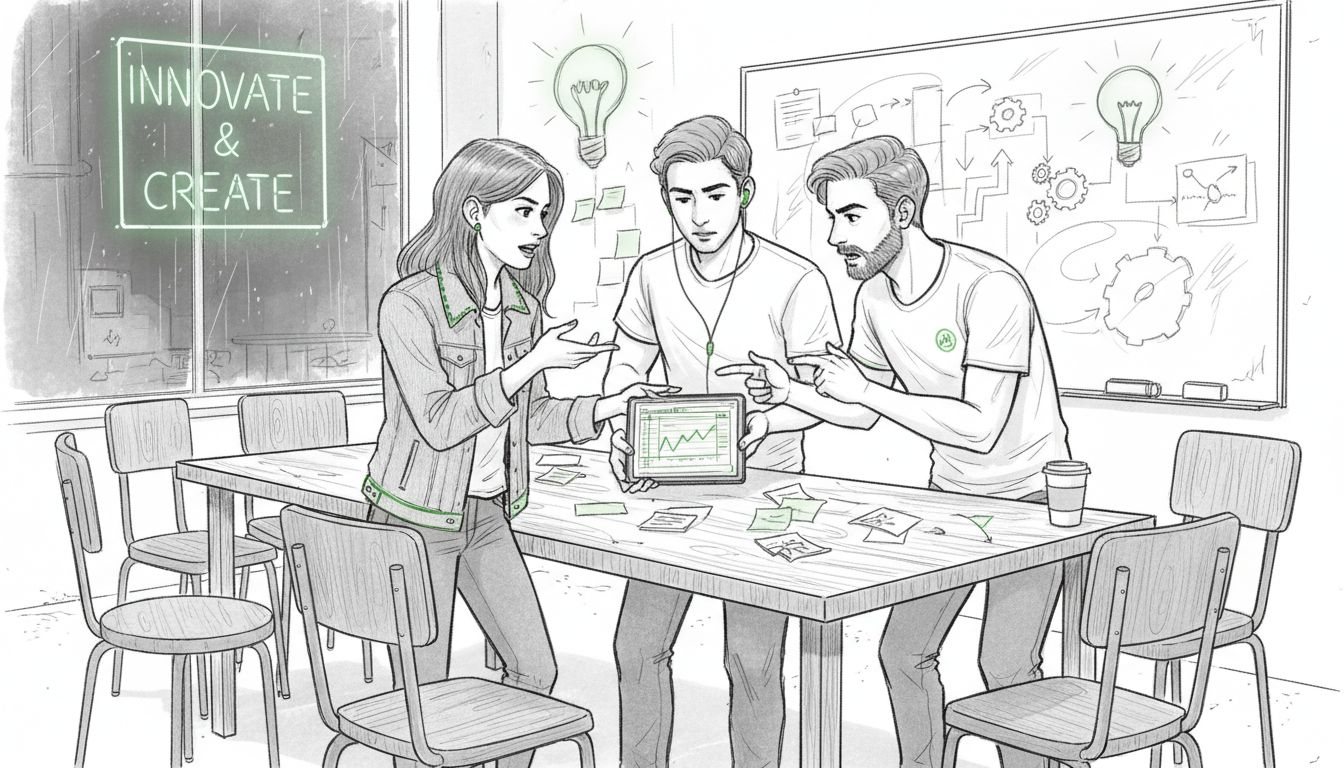 Startup team discussing ideas in coworking space