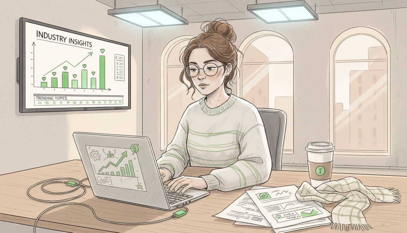 Market researcher reviewing trend reports at desk