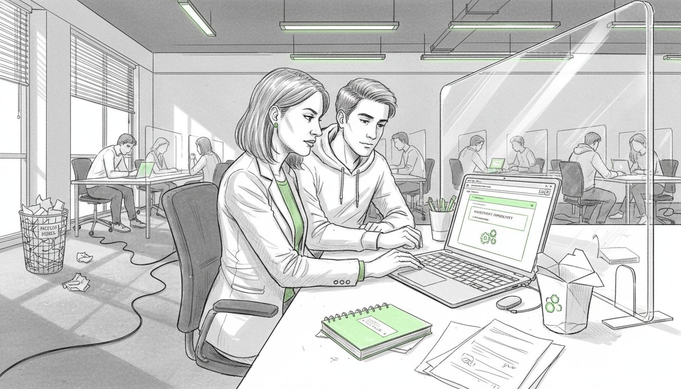 Mentor and founder working at shared desk
