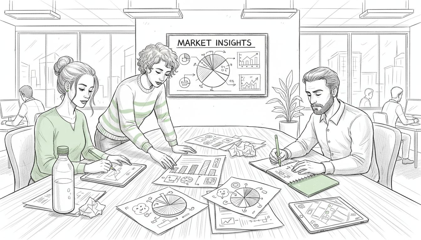 Team reviews printed data charts in meeting