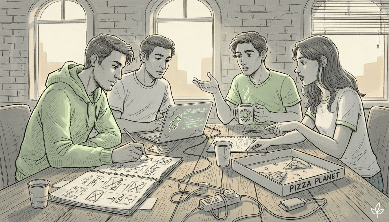 Team planning MVP around cluttered workspace