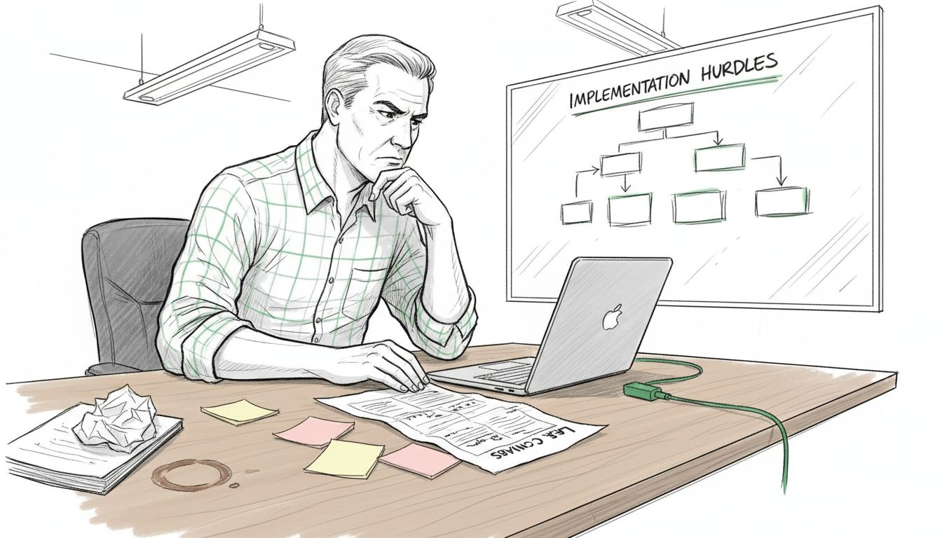 Manager examining Lean Canvas drawbacks in meeting room