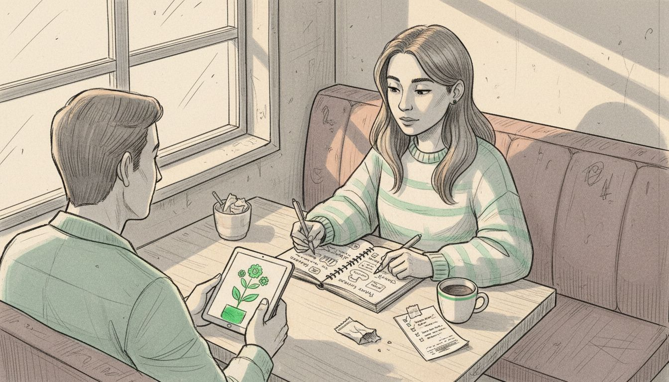 Business owner interviewing customer in busy café