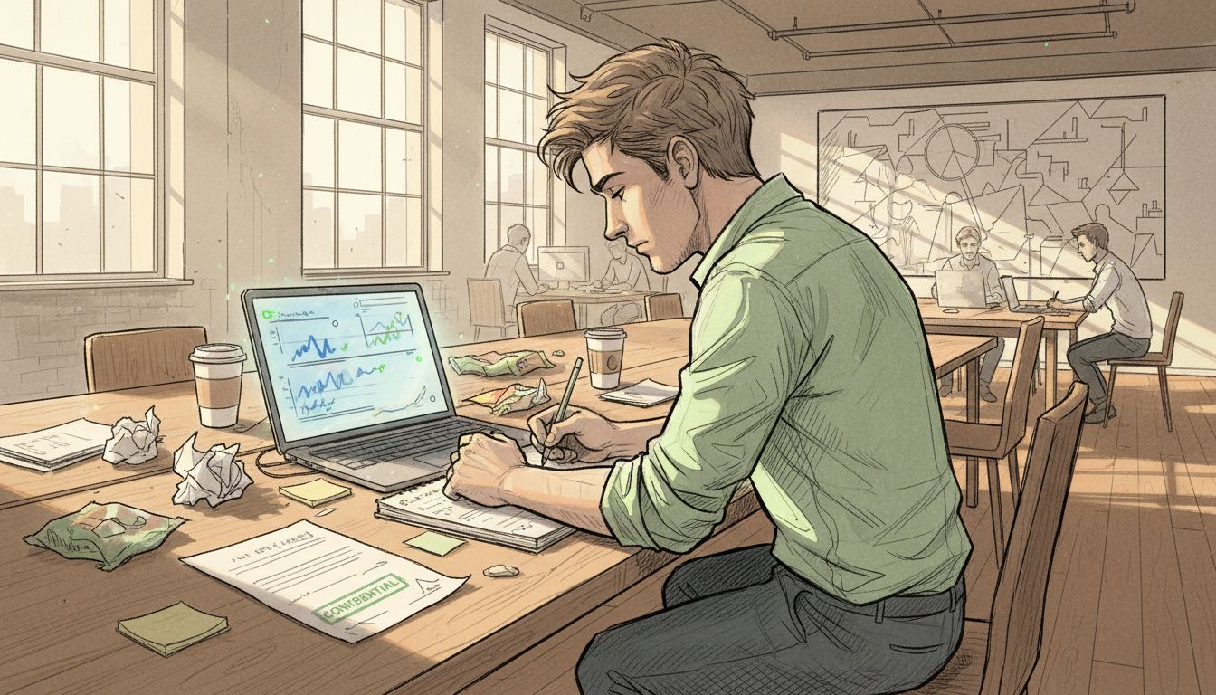 Startup founder jotting notes at cluttered desk